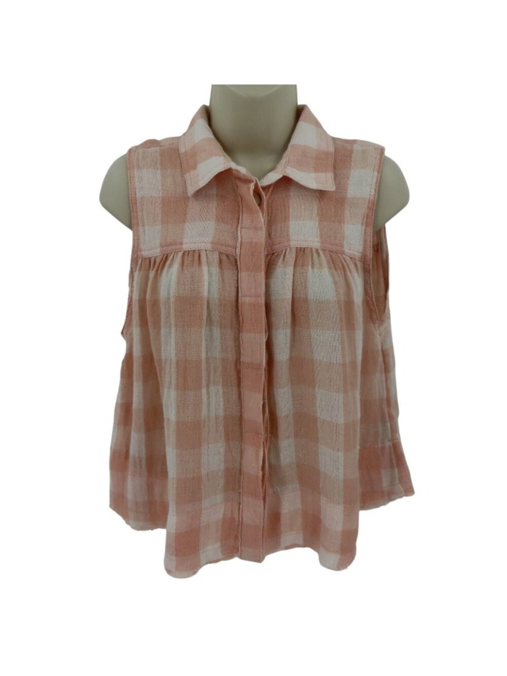 Free People Extra Small XS Pink Cream Collared Check Sleeveless Raw Hem Shirt